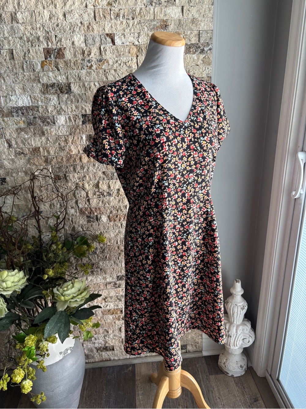LOFT Black Mini Dress with Pink and Cream Floral Print